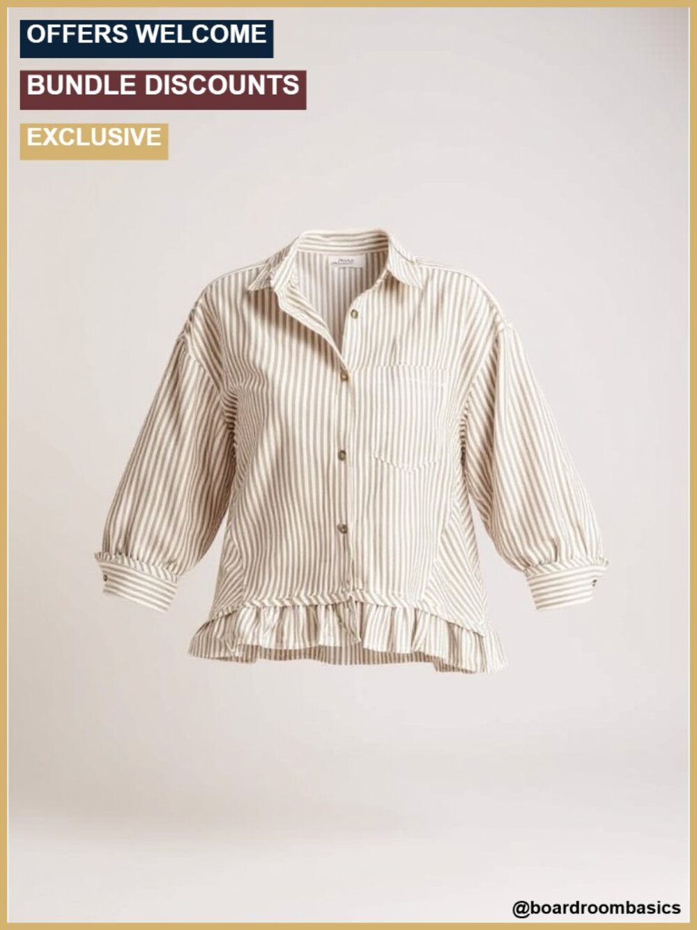 Women's Striped Cotton Button Down Shirt 3/4 Sleeve Ruffle Hem Casual Blouse